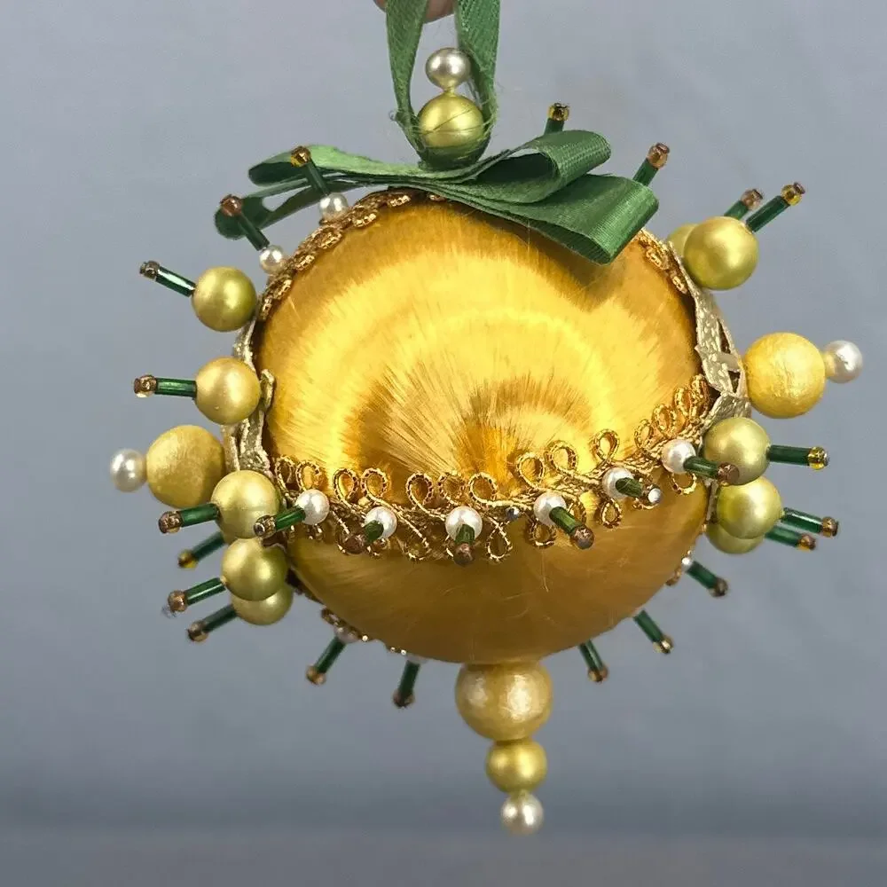 5 VTG Handmade Christmas Ornaments Satin Floral Push Pin Bead Kitschy Tassel 70s